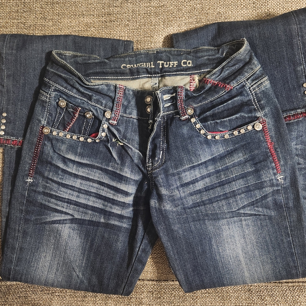 Cowgirl Tuff Women's Indigo Boot Cut Jeans with Rhinestones And Red Accents